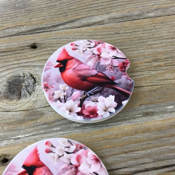 Male Cardinal with Flowers Car Coasters - Set of 2 - Picture 3 of 7